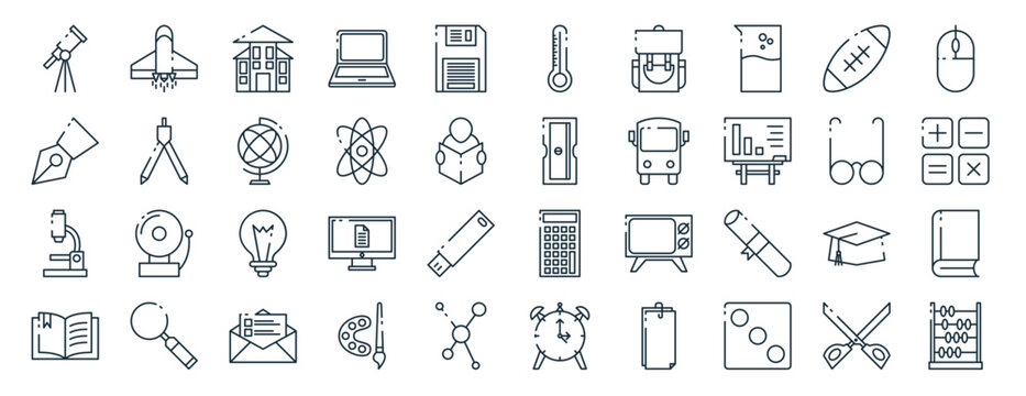 set of 40 outline web education icons such as rocket launcher, pen and ink, microscope science, book arrangement, eyeglasses prescription, mouse pad, temperature hot icons for report, presentation,