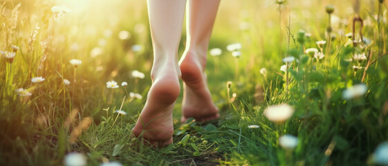 Barefoot serenity, a person walks amidst a meadow of daisies, bathed in golden sunlight - Powered by Adobe