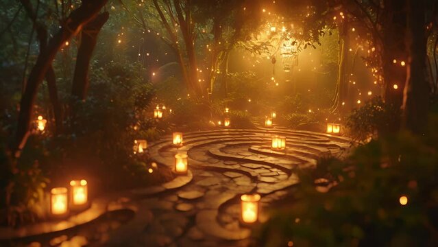 A labyrinth illuminated by the soft glow of lanterns, creating a peaceful and meditative atmosphere.