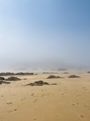 foggy ocean coast, fog at the ocean beach