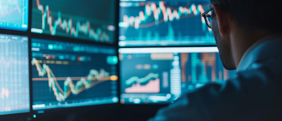 Market analysis in progress, a professional scrutinizes financial charts on multiple screens