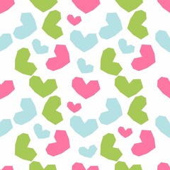 Pattern on a white background with multi-colored hearts, green, pink, blue