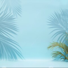 Blurred shadow from palm leaves on the light blue wall. Minimal abstract studio background for product presentations. Spring and summer. AI generated illustration