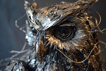Naklejka na ściany i meble a majestic metal wire-framed owl, embodying wisdom and mystery in a minimalist sculpture statue.