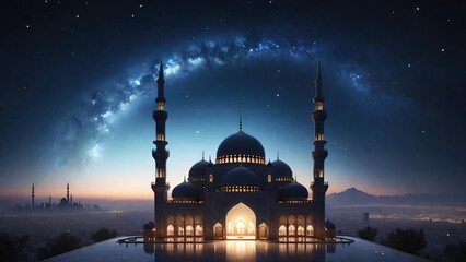 Night Sky Silhouette of a Big Mosque. Suitable for Ramadan concept, Islamic concept, Greeting card, Wallpaper, Background, Illustration, etc 