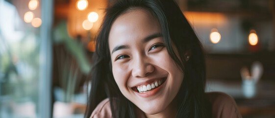 Capturing a moment of pure bliss, a young woman’s radiant smile lights up the cozy cafe