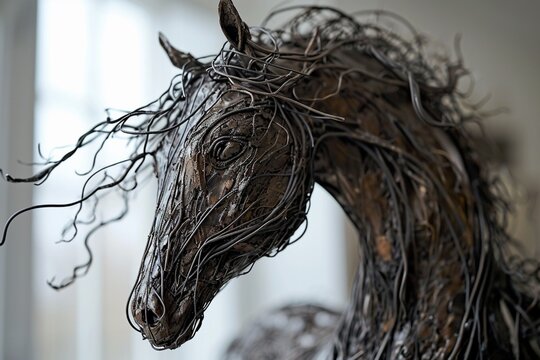 a mesmerizing metal wire-framed horse, embodying elegance and strength in a minimalist sculpture statue.