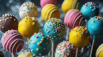 several colorful cake pops on sticks on white background, rounded, dotted, brightly colored, pop...