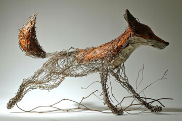 a playful metal wire-framed fox, capturing its cunning and agile demeanor in a minimalist sculpture statue.