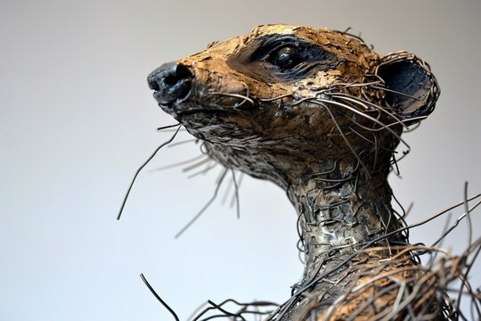 a playful metal wire-framed meerkat, capturing its curious and alert pose in a minimalist sculpture statue.