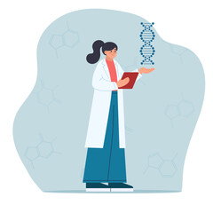 Female employee of genetic laboratory holds DNA spiral. Genome research. Genetic engineering concept. Vector illustration