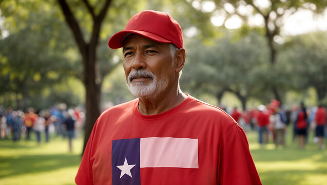 Portrait of a texan senior man with wearing red cap and texas flag t-shirt. Republican party supporter standing proud in the park