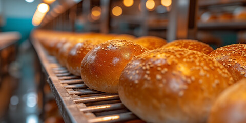 Fresh baked wheat buns in a bakery