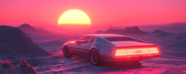 surreal psychedelic artwork of a synthwave desert landscape with a car and a beauty sunset