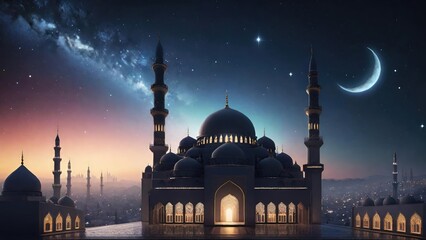 Silhouette of a Big Mosque Under Starry Night. Suitable for Ramadan concept, Islamic concept, Greeting card, Wallpaper, Background, Illustration, etc 