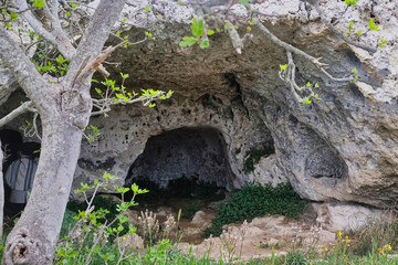 Fototapeta na wymiar Prehistoric caves in the Murgia Materana reserve (Matera Italy) dating back to the Paleolithic and Neolithic periods