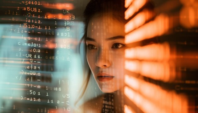 Asian woman gazes intently at a complex digital code on a screen, surrounded by a halo of warm light in a dim setting