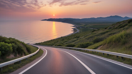 Asphalt road along the sea at sunset.
