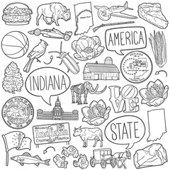 Indiana State Doodle Icons Black and White Line Art. United States Clipart Hand Drawn Symbol Design.