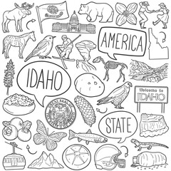 Idaho State Doodle Icons Black and White Line Art. United States Clipart Hand Drawn Symbol Design.