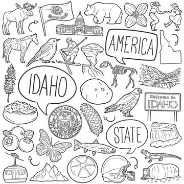 Idaho State Doodle Icons Black and White Line Art. United States Clipart Hand Drawn Symbol Design.