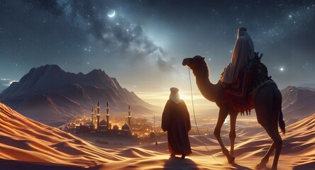 Al-Isra wal Mi'raj means The night journey of Prophet Muhammad, Multipurpose Illustration Background template. Islamic background  - obrazy, fototapety, plakaty