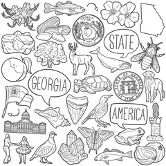 Georgia State Doodle Icons Black and White Line Art. United States Clipart Hand Drawn Symbol Design.