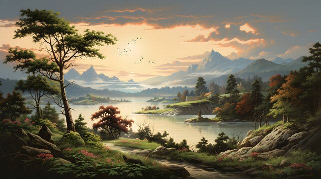 A painting of a mountain landscape with a mountain in the background,,
Digital painting of a lake with a church and mountains in the background, Renaissance era painting with a tranquil natural lands
