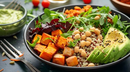 delicious details of a plant-based Buddha bowl, featuring a balanced combination of quinoa, roasted sweet potatoes, avocado slices, and a variety of colorful vegetables