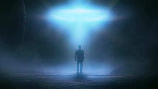 Near Death Experience, ufo hovering over a silhouette man at night in a dark night scene.