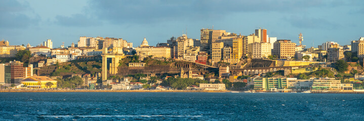 Sea front view of the old city center of Salvador, Bahia, Brazil, Below the skyline the famous...