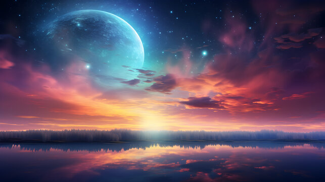 Stunning Remix of Planet Ocean Aesthetic Photo Backgrounds Blending Galaxy and Nature,,
Beautiful Nature Cloudscape with Big Moon and Foggy Clouds on Blue Sky at Night
