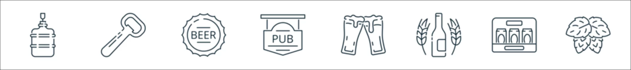 Foto op Plexiglas outline set of brewery line icons. linear vector icons such as beer keg, bottle opener, beer cap, pub, cheers, , beer box, hoops © MicroStock