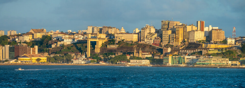 Sea front view of the old city center of Salvador, Bahia, Brazil, Below the skyline the famous Lacerda elevator can be clearly seen,