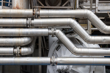 Metal pipelines of an industrial oil refining facility.