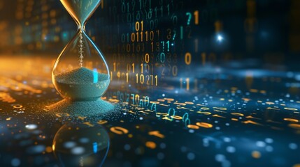Blue sand trickles down an hourglass merging into a binary code cascade, symbolizing time and technology's intersection