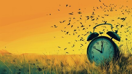 Alarm clock symbol. Surrealist poetry illustrations. Surrealistic concept highlighting the symbolism of time and the subconscious mind.