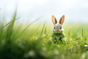 Cute bunny figure on a green grass, bright Easter background. Close up image of toy rabbit sitting in the vibrant grass. Concept: Easter holidays, spring, greeting card.