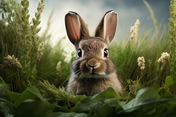 Obraz premium Cute bunny on a green grass, bright Easter background. Close up image of rabbit sitting in the vibrant grass. Concept: Easter holidays, spring, greeting card.