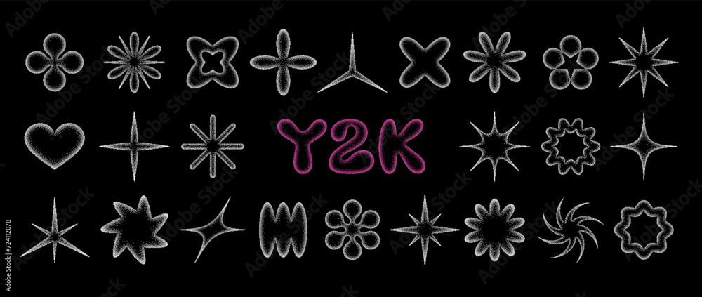 Poster y2k pixelated shape set - star, spark, flower and other abstract objects. collection of isolated vec
