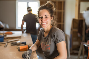 Woman renovating her apartment using hand tools - obrazy, fototapety, plakaty