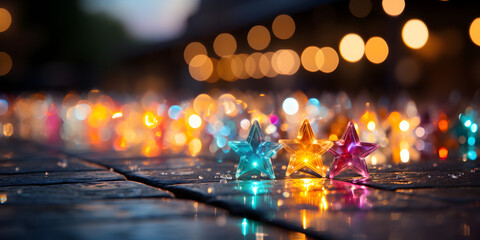 Fototapeta premium Abstract bokeh shimmering star glitter decorations with blurry defocused background