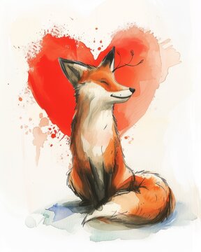 Peaceful fox with a heart backdrop in a vibrant watercolor Valentine's art. Fox in front of a watercolor heart for a romantic Valentine's Day illustration.