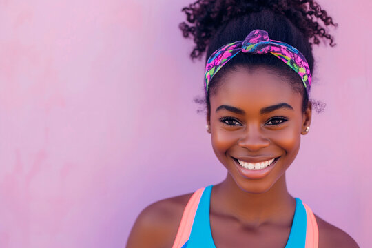 a happy young African American woman wearing a colorful sports headband in front of a light violet neutral background