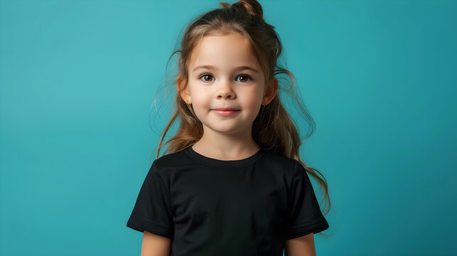 Portrait of a cute and happy young girl wearing a black t-shirt on a cyan background mockup.