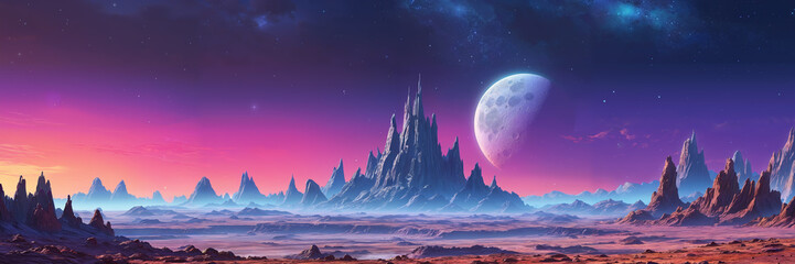 Surreal landscape with futuristic alien mountains and enormous planet in the night purple sky