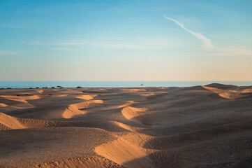 Panoramic landscape of the dunes of a desert at sunset, with the sea in the background. Maspalomas Dunes, Gran Canaria. - obrazy, fototapety, plakaty