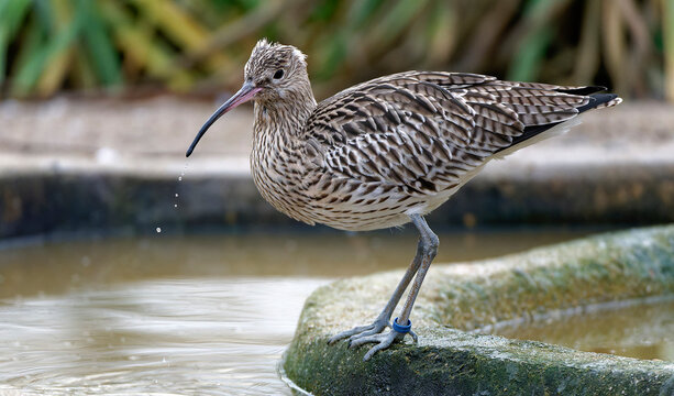 Eurasian curlew or common curlew (Numenius arquata) stilt bird wading is shallow water of waddensea.Wader bird wildlife in nature scene.