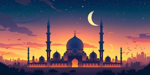 Silhouette of a mosque skyline during Ramadan's sunset, with birds in flight and a crescent moon, in vibrant colors.