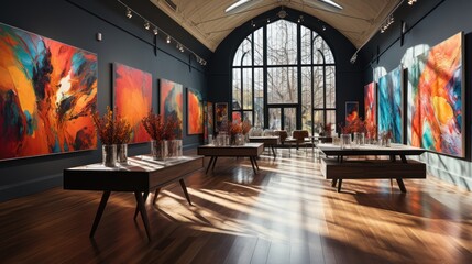 An art exhibition featuring paintings displayed within an impressive interior - obrazy, fototapety, plakaty